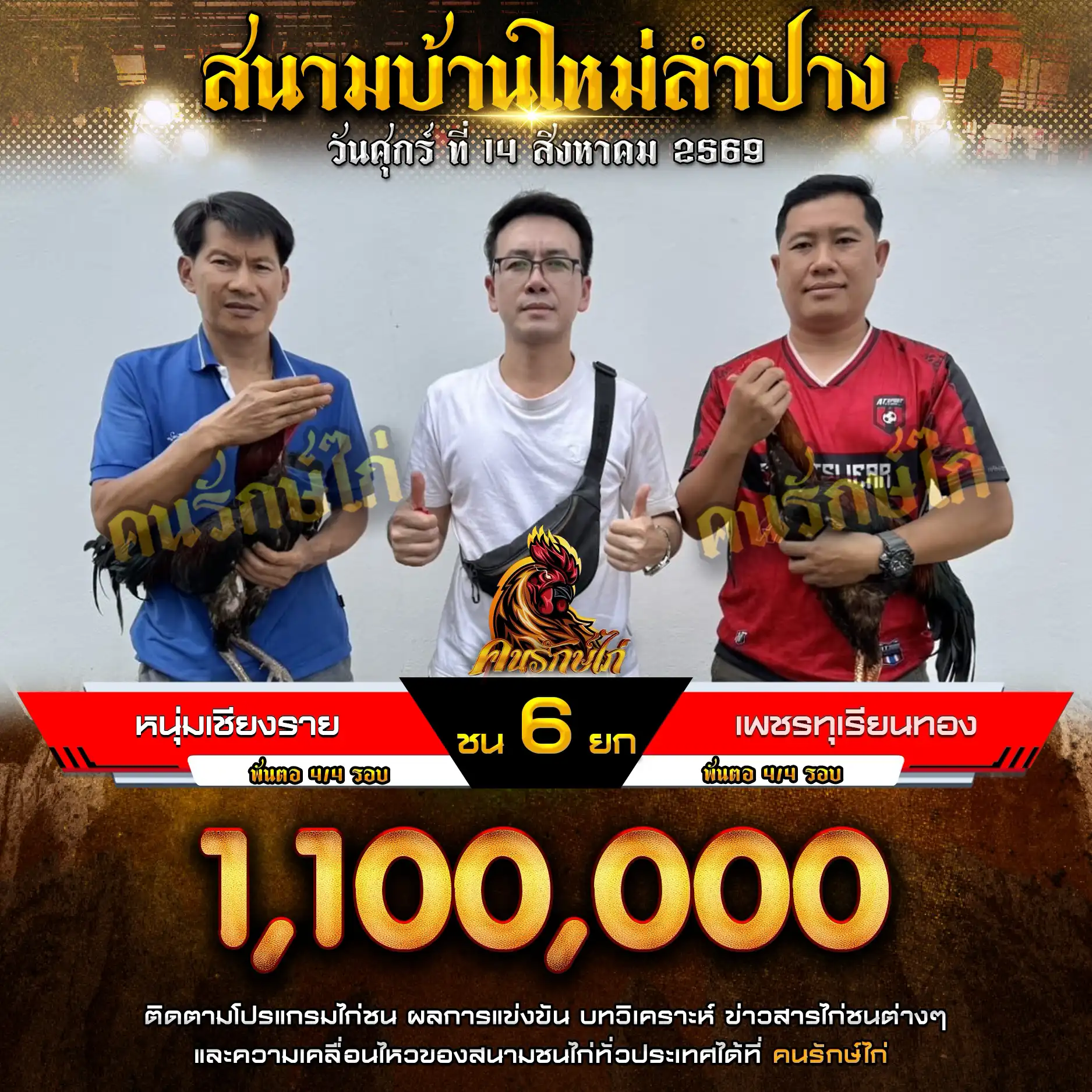 หนุ่มเชียงราย VS เพชรทุเรียนทอง กำหนดชน 6 ยก ชิงเงินรางวัล 1,100,000 บาท 14 สิงหาคม 2569
