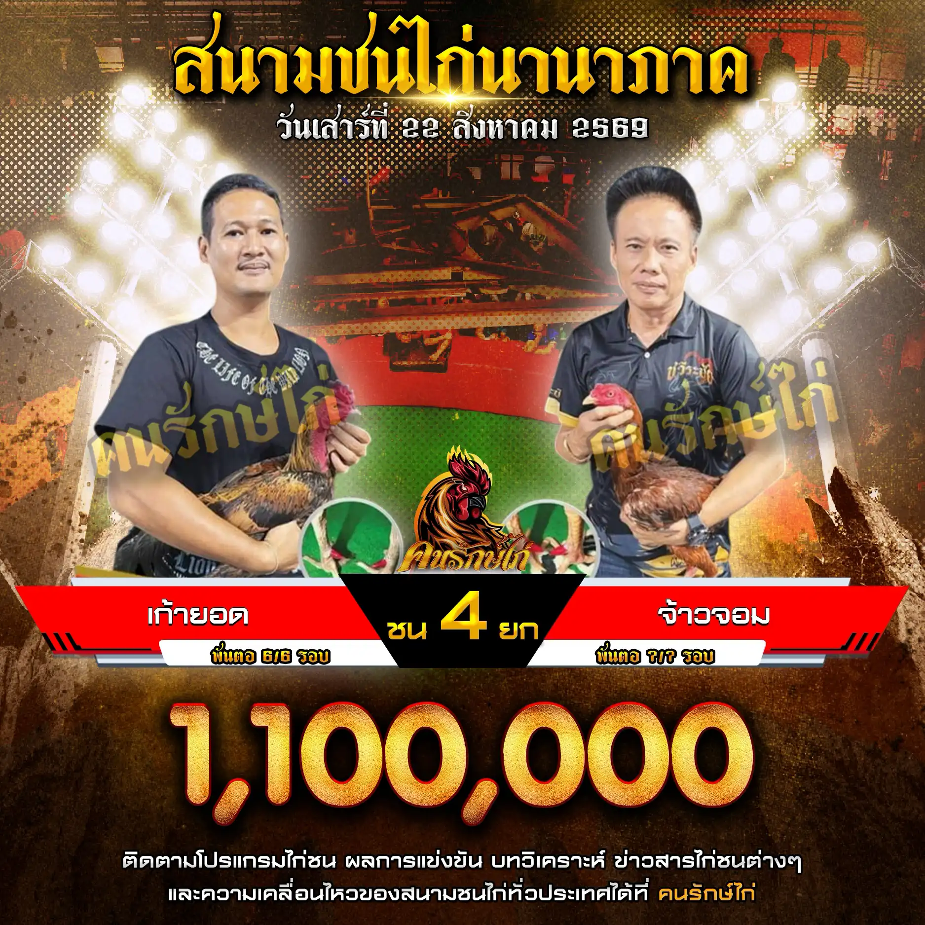 เก้ายอด VS จ้าวจอม กำหนดชน 4 ยก ชิงเงินรางวัล 1,100,000 บาท 22 สิงหาคม 2569 