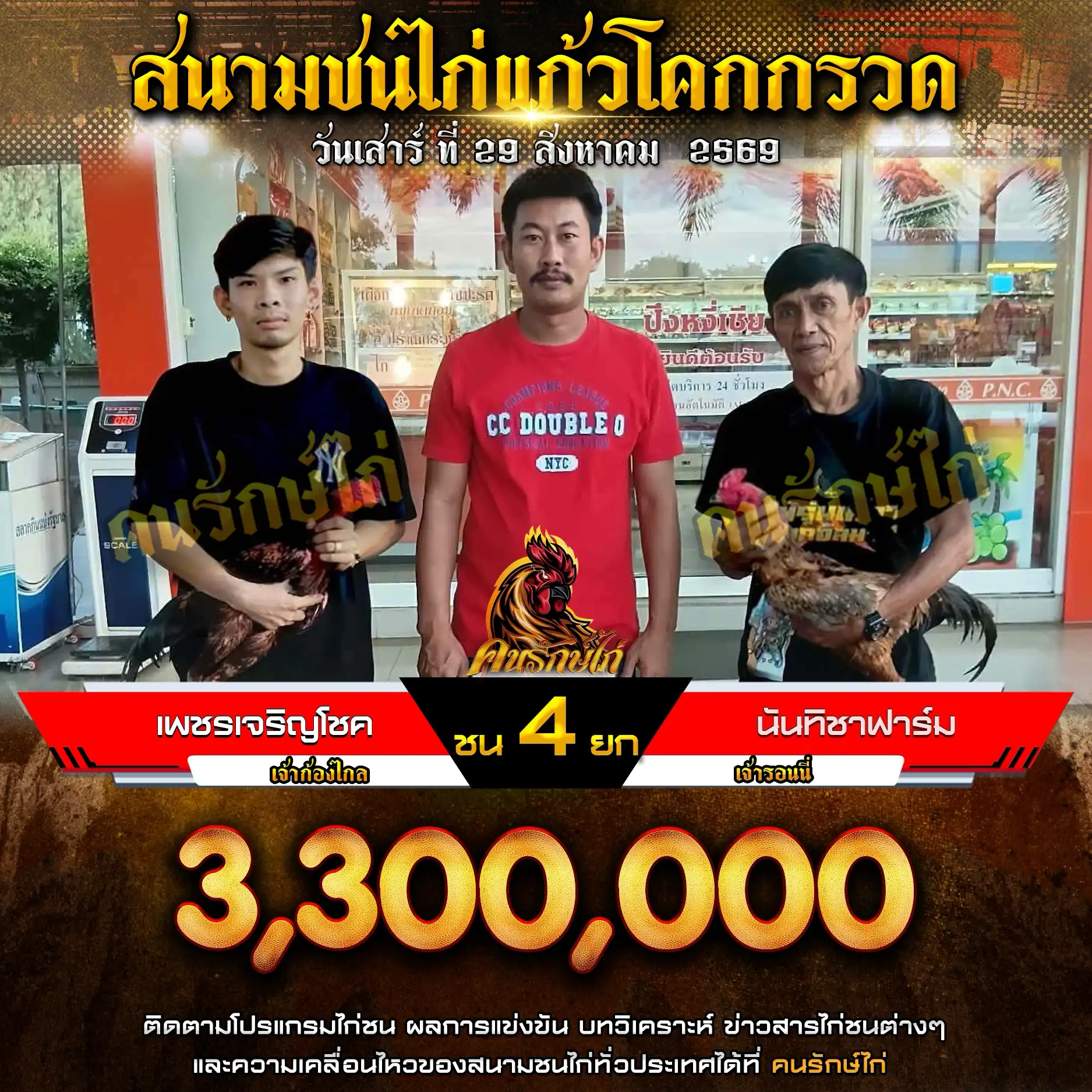เพชรเจริญโชค VS นันทิชาฟาร์ม กำหนดชน 4 ยก ชิงเงินรางวัล 3,300,000 บาท 29 สิงหาคม 2569
