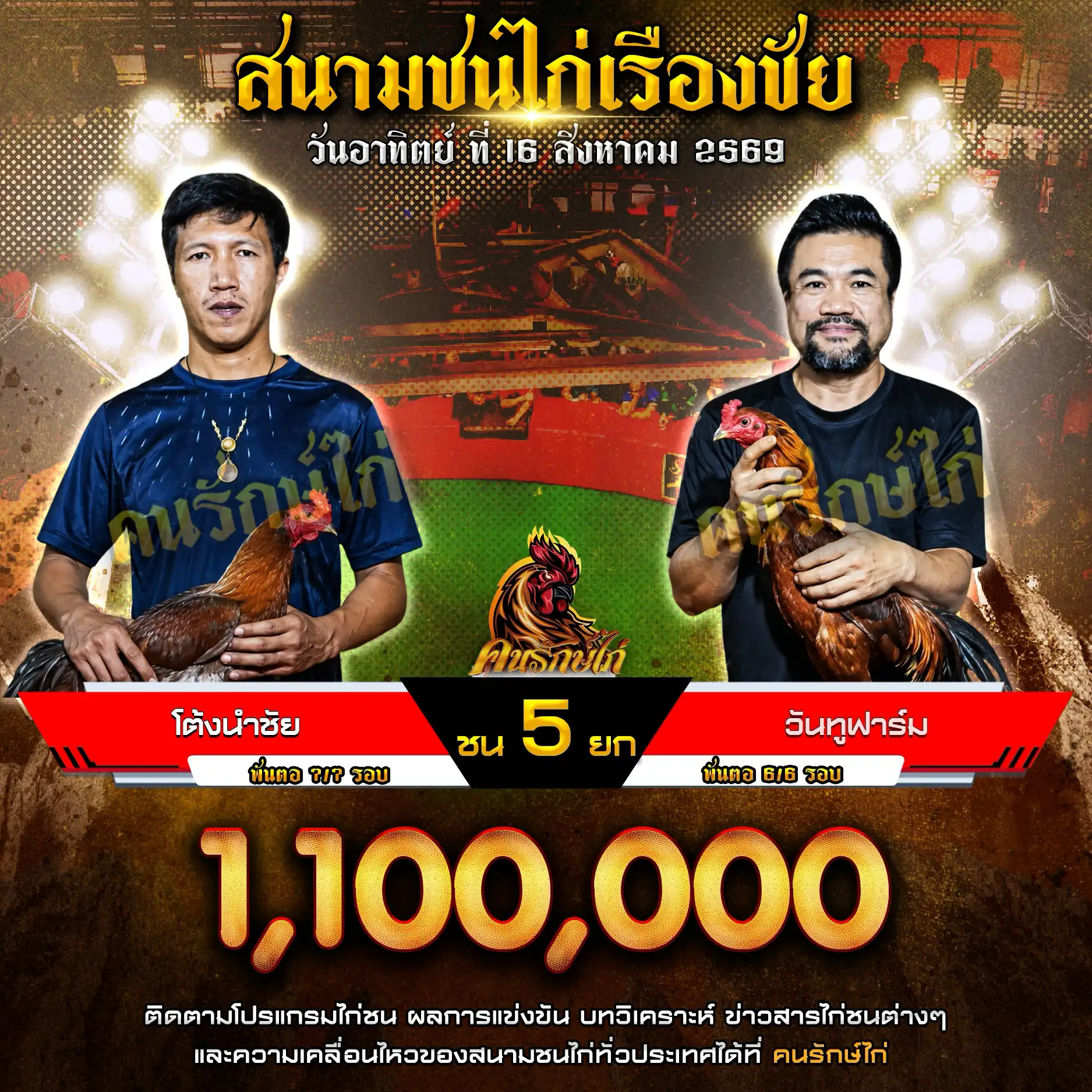 โต้งนำชัย VS วันทูฟาร์ม กำหนดชน 5 ยก ชิงเงินรางวัล 1,100,000 บาท 16 สิงหาคม 2569