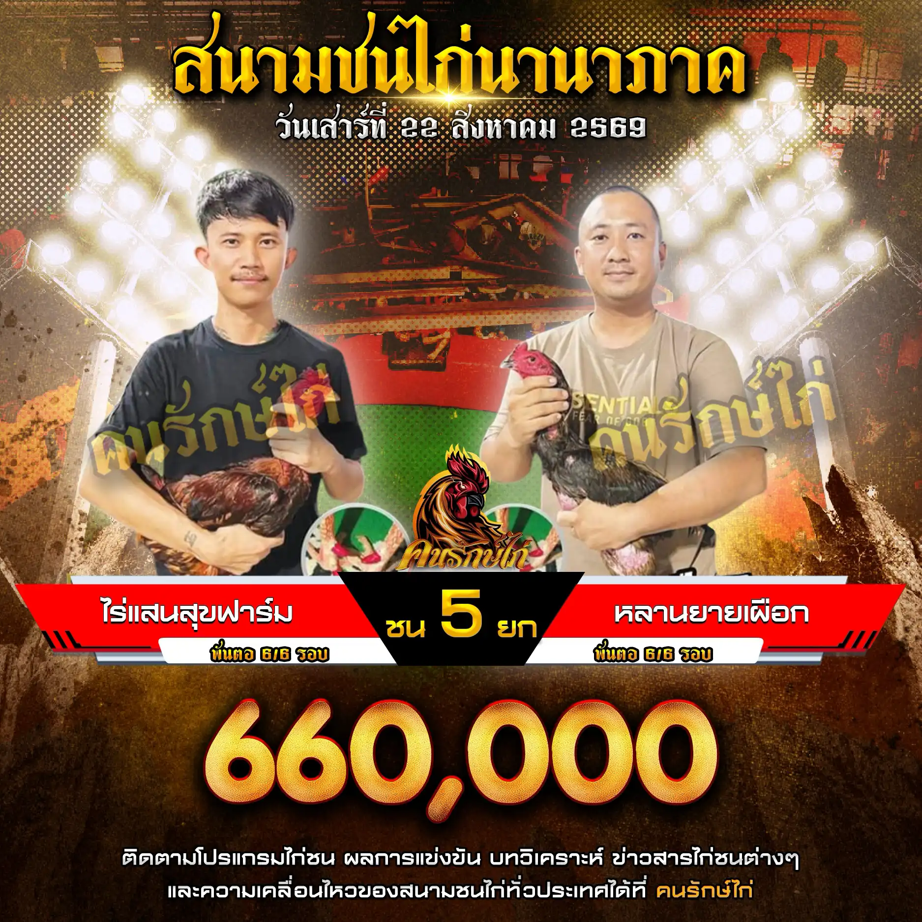 ไร่แสนสุขฟาร์ม VS หลานยายเผือก กำหนดชน 5 ยก ชิงเงินรางวัล 660,000 บาท 22 สิงหาคม 2569 