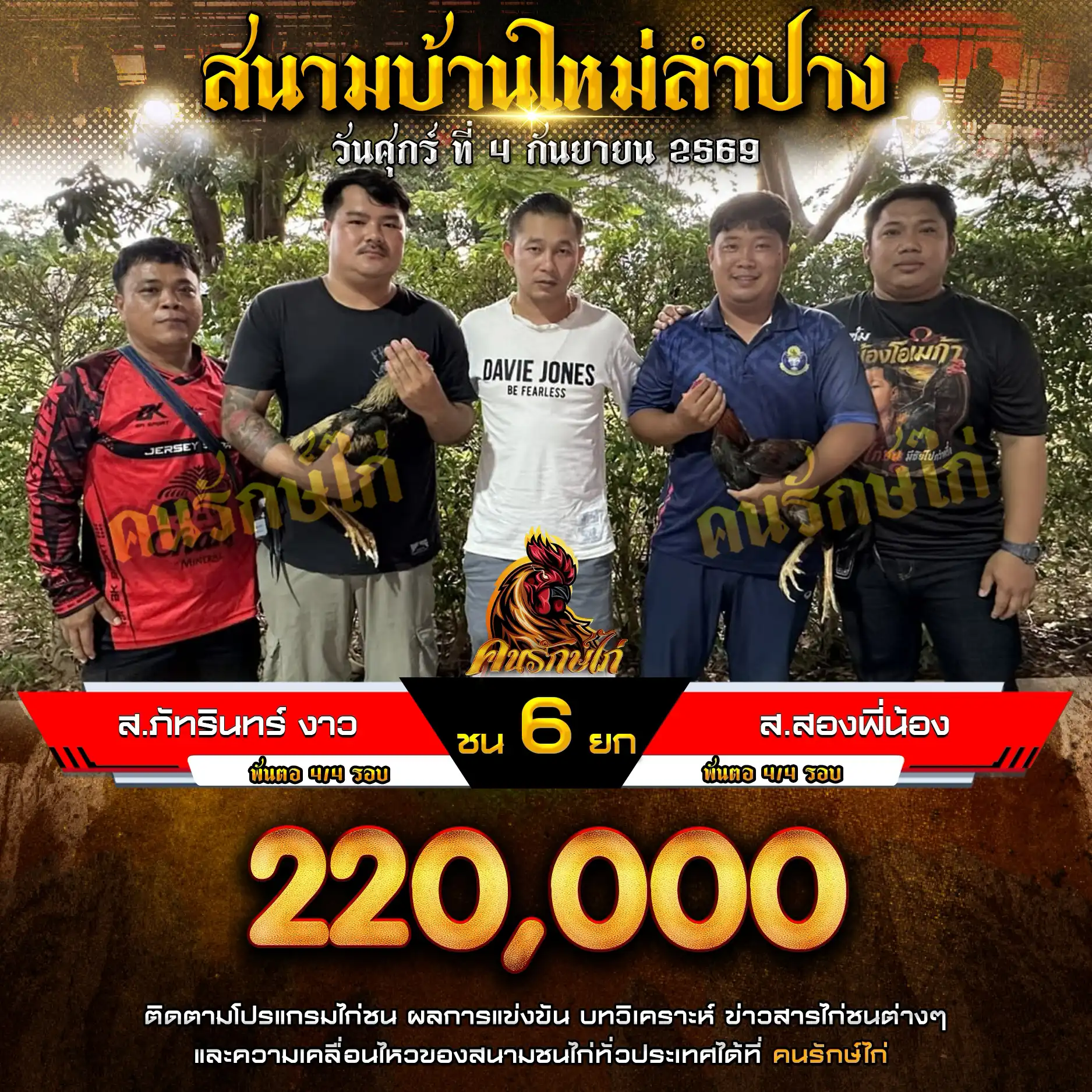 ส.ภัทรินทร์ งาว VS ส.สองพี่น้อง กำหนดชน 6 ยก ชิงเงินรางวัล 220,000 บาท 04 กันยายน 2569 