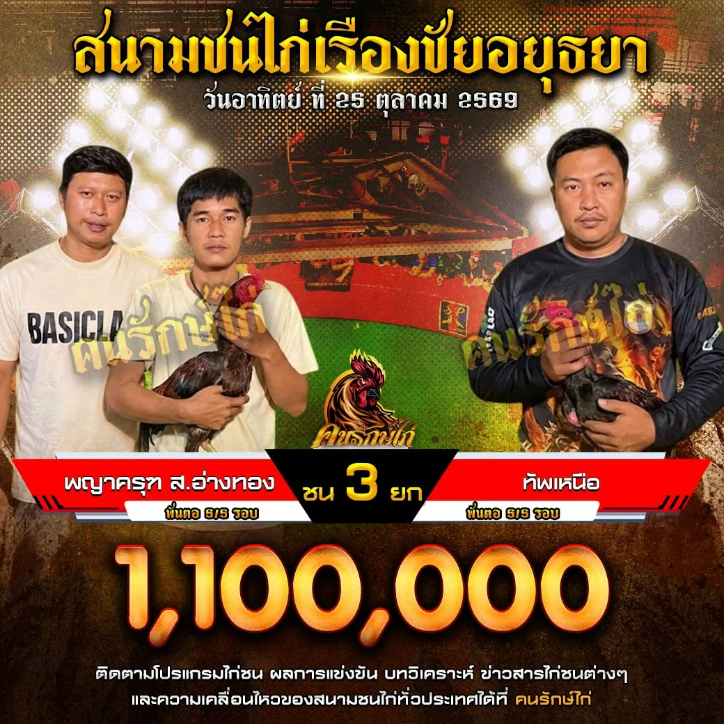 พญาครุฑ ส.อ่างทอง VS ทัพเหนือ กำหนดชน 3 ยก ชิงเงินรางวัล 1,100,000 บาท 25 ตุลาคม 2569 