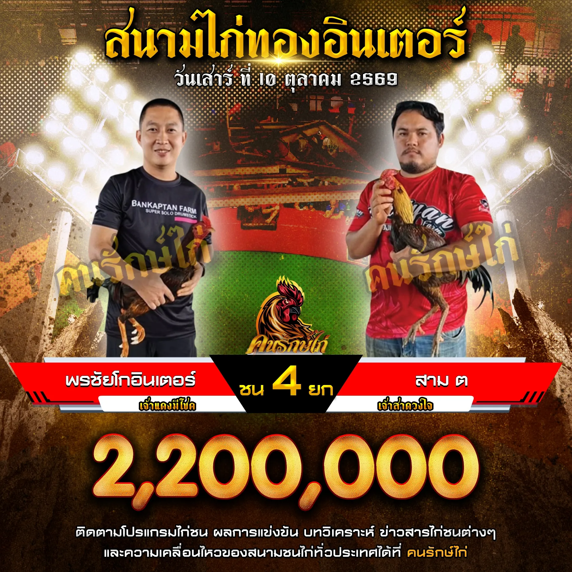 พรชัยโกอินเตอร์ VS สาม ต กำหนดชน 4 ยก ชิงเงินรางวัล 2,200,000 บาท 10 ตุลาคม 2569
