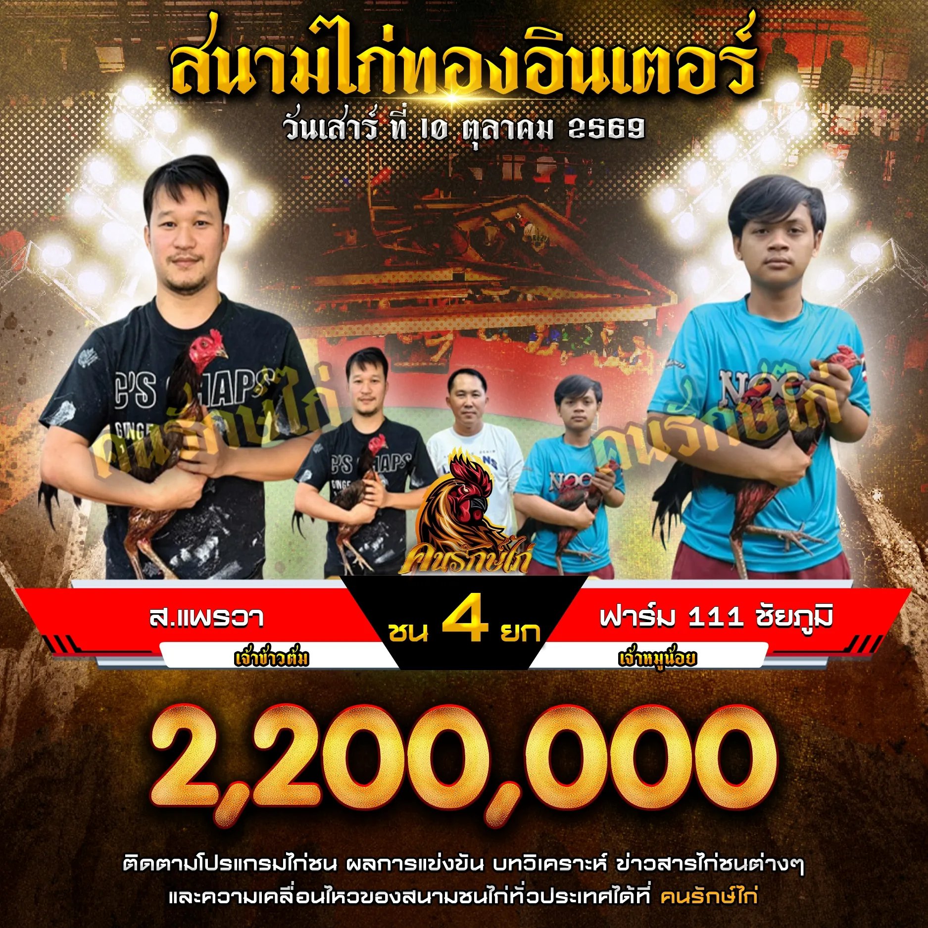 ส.แพรวา VS ฟาร์ม 111 ชัยภูมิ กำหนดชน 4 ยก ชิงเงินรางวัล 2,200,000 บาท 10 ตุลาคม 2569
