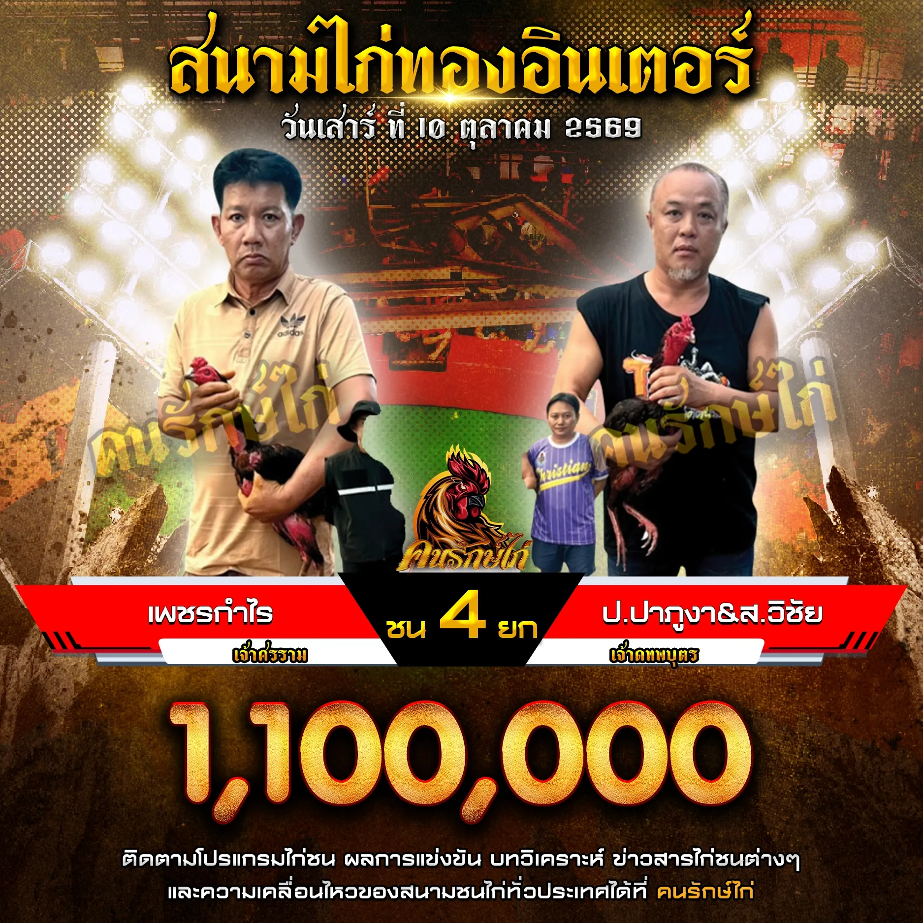 เพชรกำไร VS ป.ปาภูงา&ส.วิชัย กำหนดชน 4 ยก ชิงเงินรางวัล 1,100,000 บาท 10 ตุลาคม 2569
