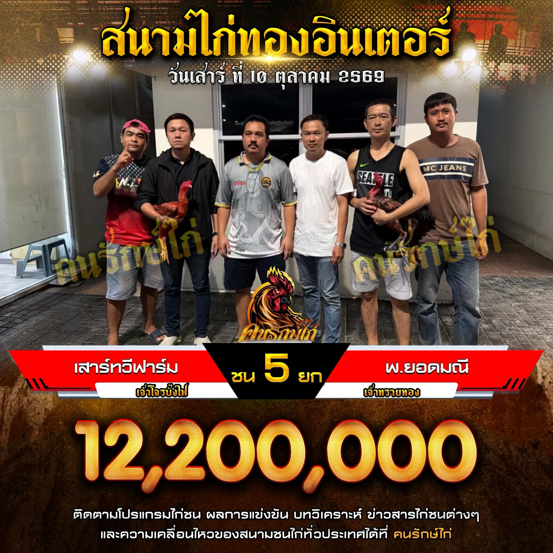 เสาร์ทวีฟาร์ม VS พ.ยอดมณี กำหนดชน 6 ยก ชิงเงินรางวัล 12,200,000 บาท 10 ตุลาคม 2569
