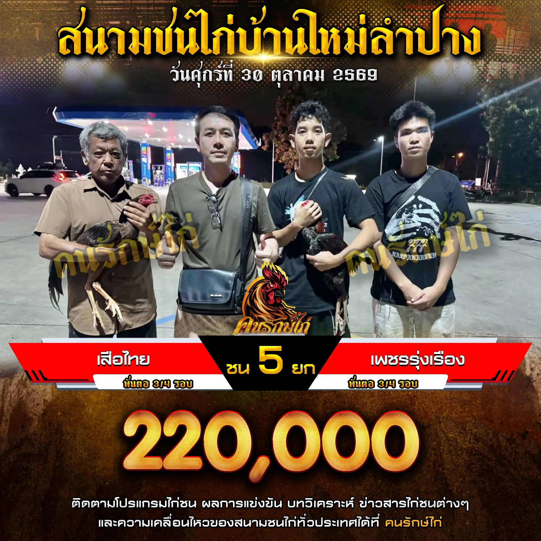 เสือไทย VS เพชรรุ่งเรือง กำหนดชน 5 ยก ชิงเงินรางวัล 220,000 บาท 30 ตุลาคม 2569 